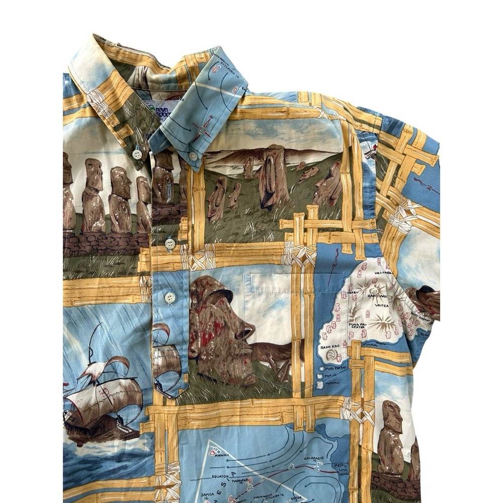 Vintage Reyn Spooner Hawaiian Shirt Men's XL Tropical Easter Island 1/4 Button - Picture 2 of 4